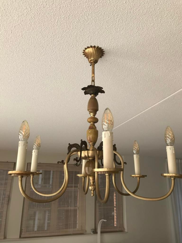 Lamp kroonluchter marmer vintage messing, Ophalen, Gebruikt