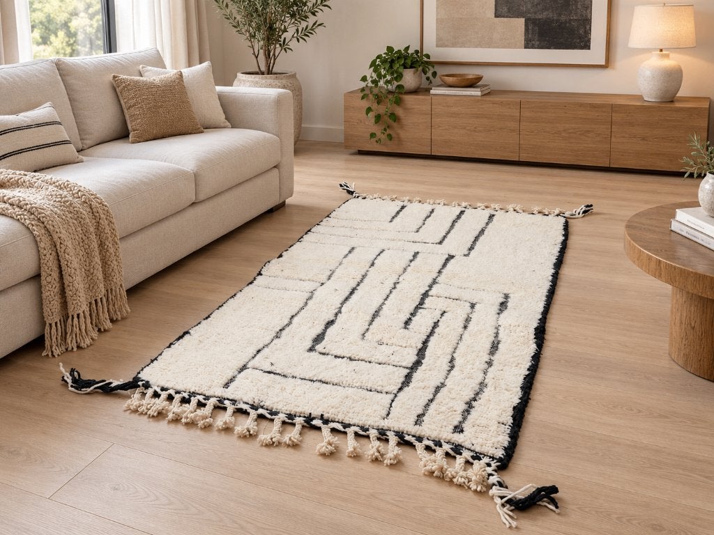 Handgemaakt wollen vloerkleed 150x100 - ivoor zwart, Nieuw, Ophalen of Verzenden, Maroccarpets, Modern, japandi, minimalistisch, Scandinavisch