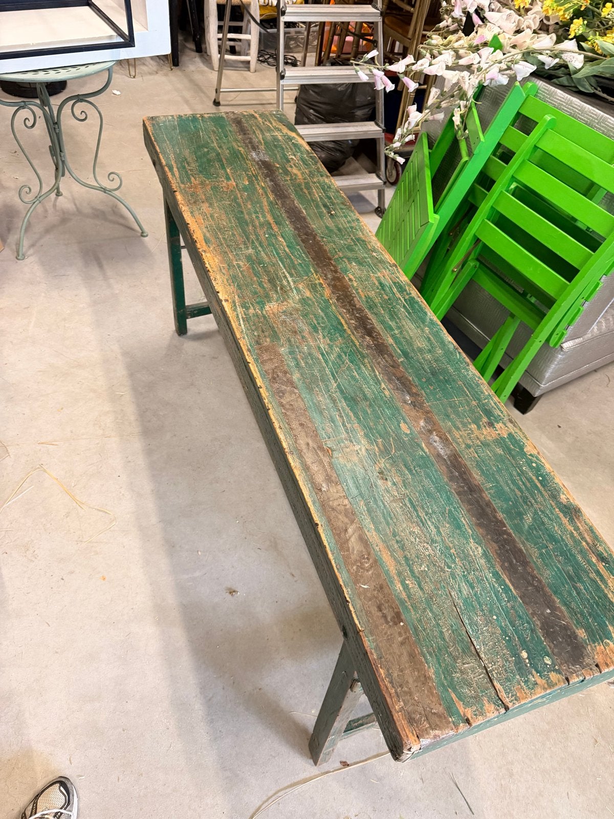 Vintage houten bankje - Groen geschilderd, Ophalen