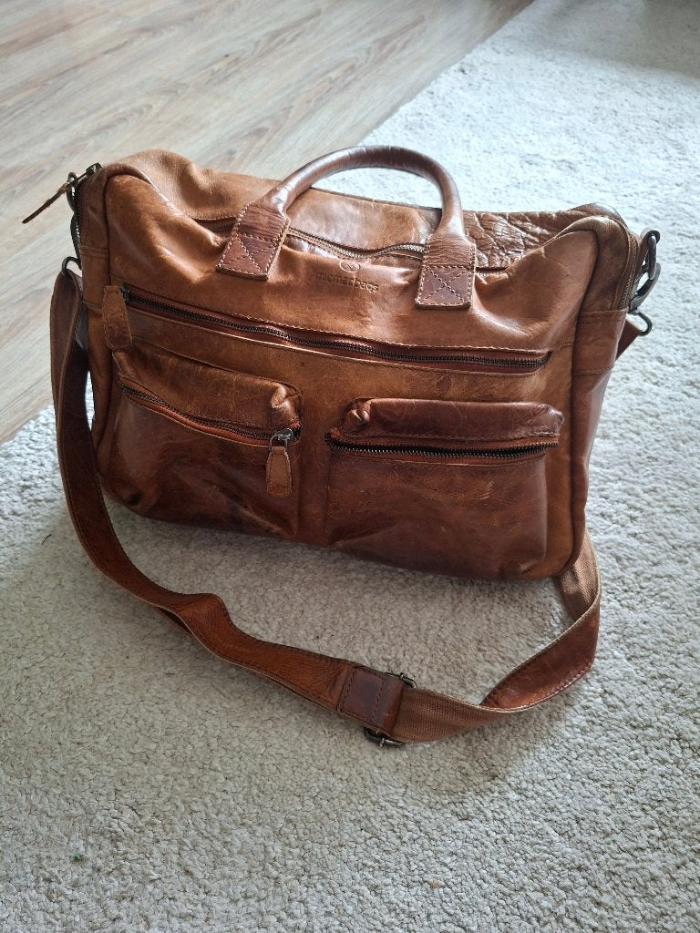 Micmacbags laptoptas, Gebruikt, Bruin, Leer, Ophalen