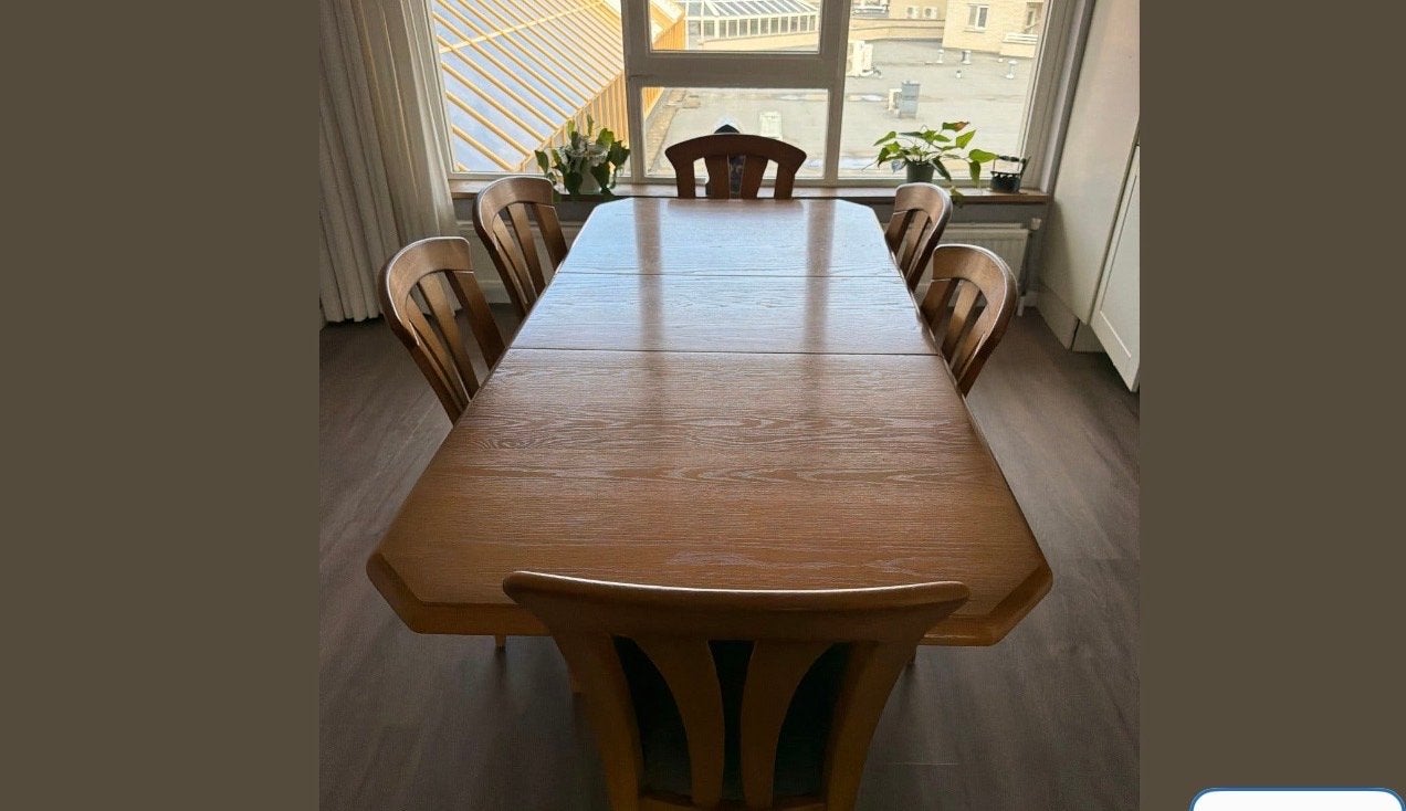 Licht eiken eettafel met 6 stoelen en tussenblad, Gebruikt, 100 tot 150 cm, Eikenhout, Vijf personen of meer