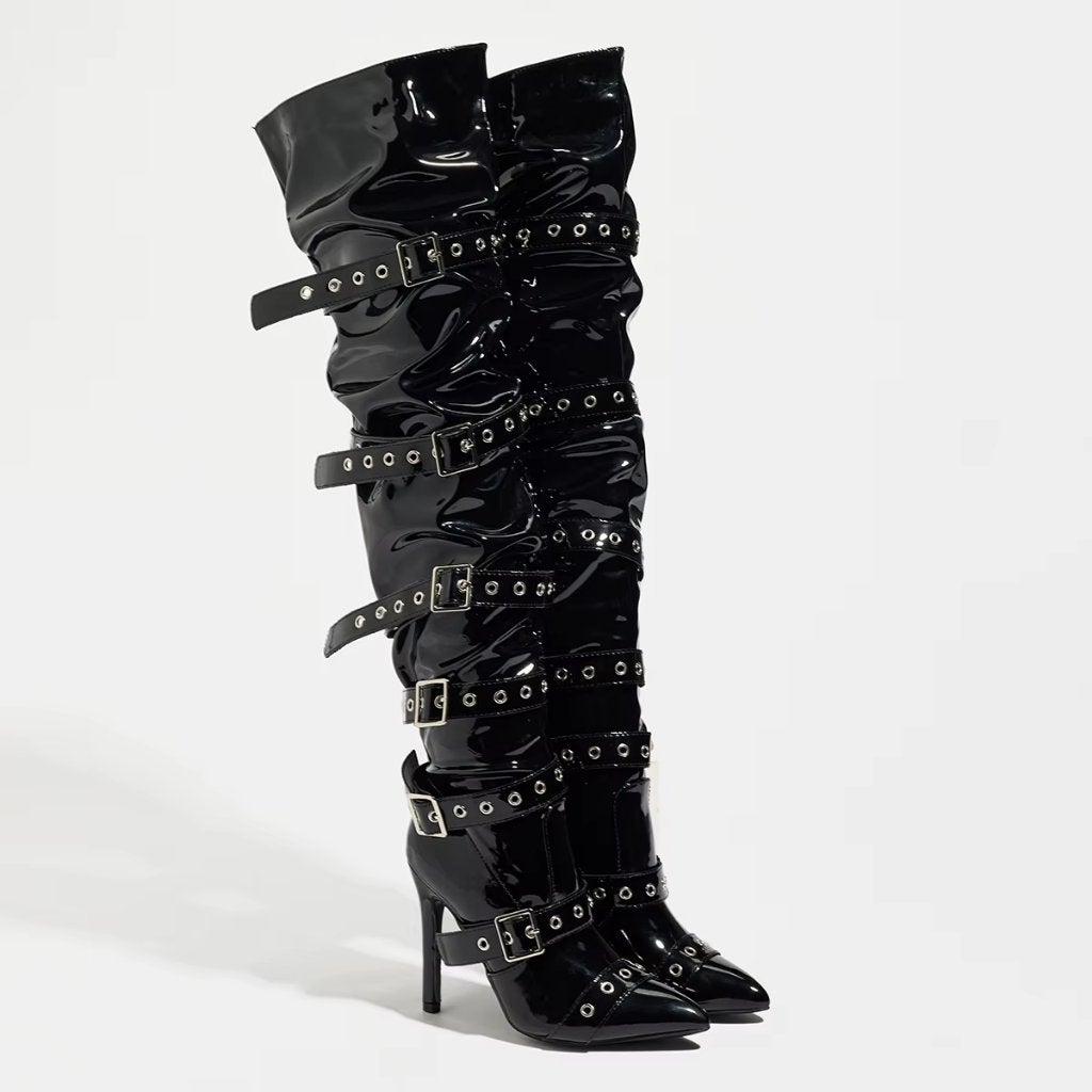 Overknee zwarte lak laarzen met riempjes dames vrouwen, Kleding | Dames, Schoenen, Verzenden, Nieuw, Zwart, Hoge laarzen