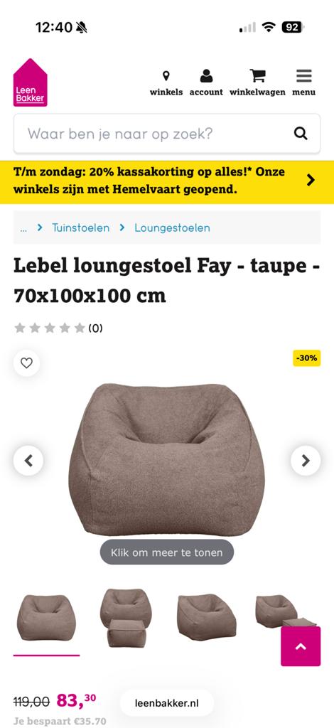 Zitzak Leen Bakker Lebel - Ruim en comfortabel, Huis en Inrichting, Zitzakken, Ophalen, Zo goed als nieuw, Beige, Zitzak