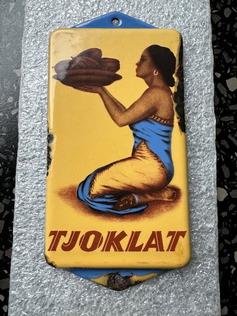 Zeer fraai emaille TJOKLAT deurpostje. Bordje jaren 30., Ophalen of Verzenden, Gebruikt, Reclamebord