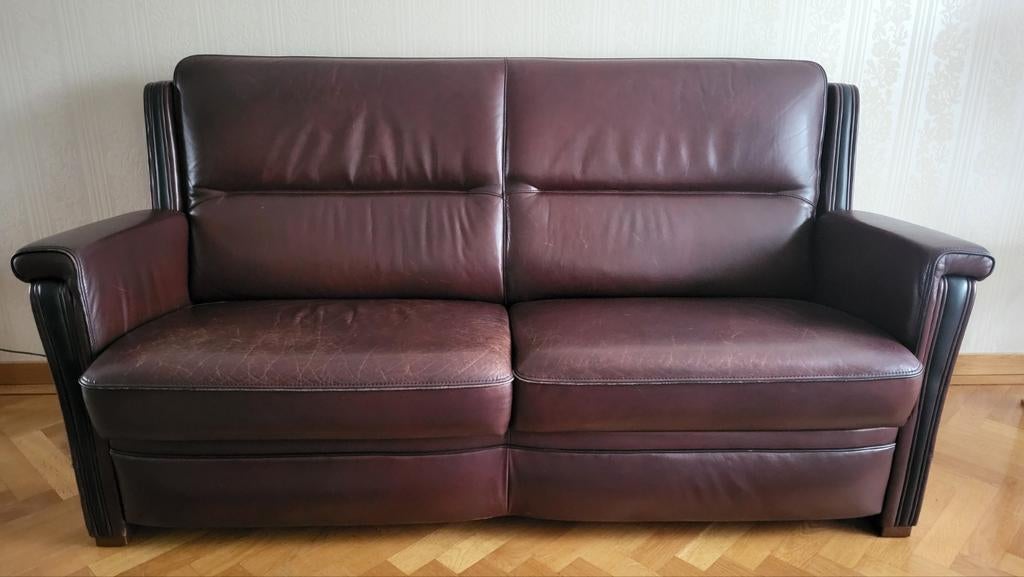Leren fauteuil en 2,5-zits bankstel met hocker, Huis en Inrichting, Ophalen, Gebruikt, 150 tot 200 cm, Tweepersoons