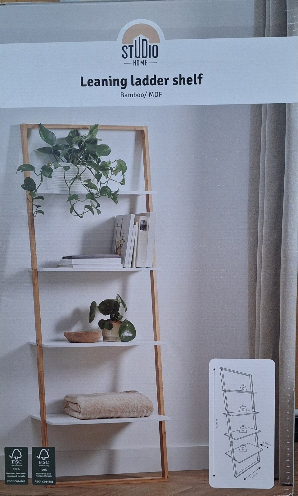 Nieuwe Studio Home Leaning Ladder Shelf Bamboe/MDF, Huis en Inrichting, Kasten | Boekenkasten, Ophalen, Met plank(en), Nieuw, 50 tot 100 cm