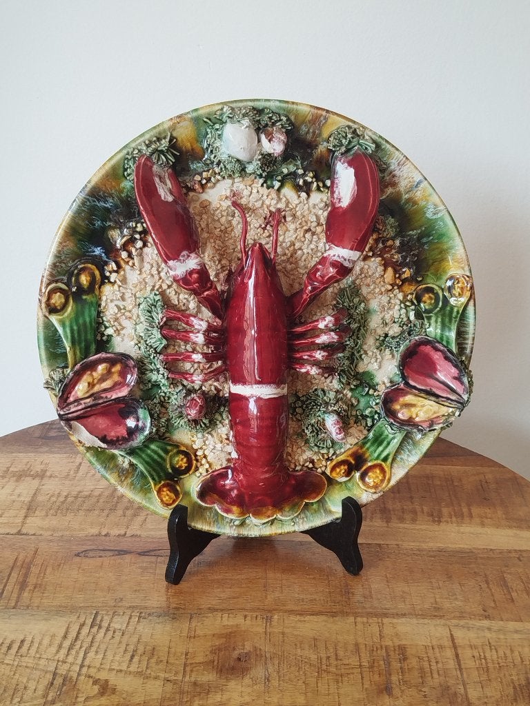 Vintage Sixties“lobster menu”Palissy-stijl bord Kerangol, Antiek en Kunst, Antiek | Porselein, Ophalen of Verzenden