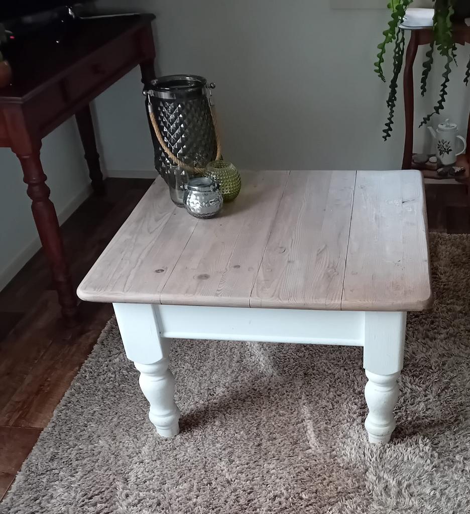 Nette vierkante grenen salontafel te koop in wit/white wash, Ophalen, Gebruikt, 50 tot 75 cm, Vierkant