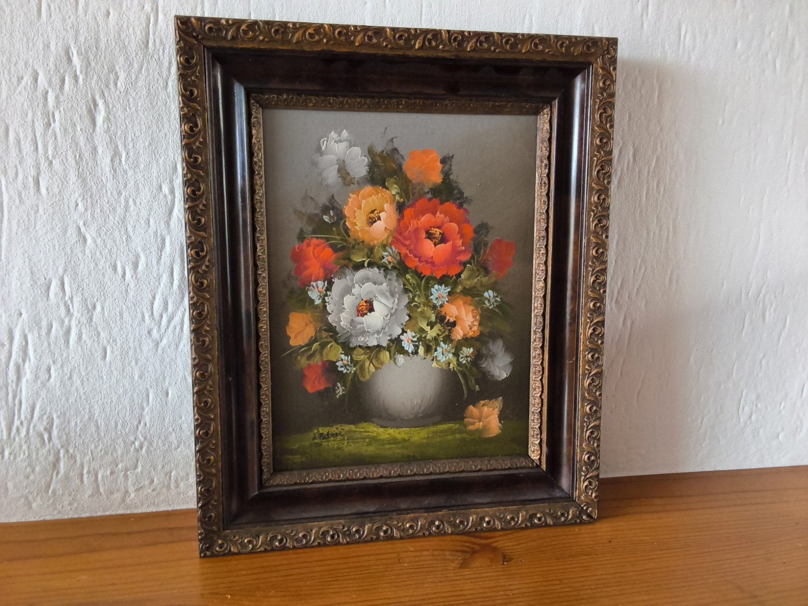 Olieverfschilderij: Bloemen in vaas - gesigneerd J. Palmer, Bloemen, Doek, Ophalen of Verzenden, Gesigneerd