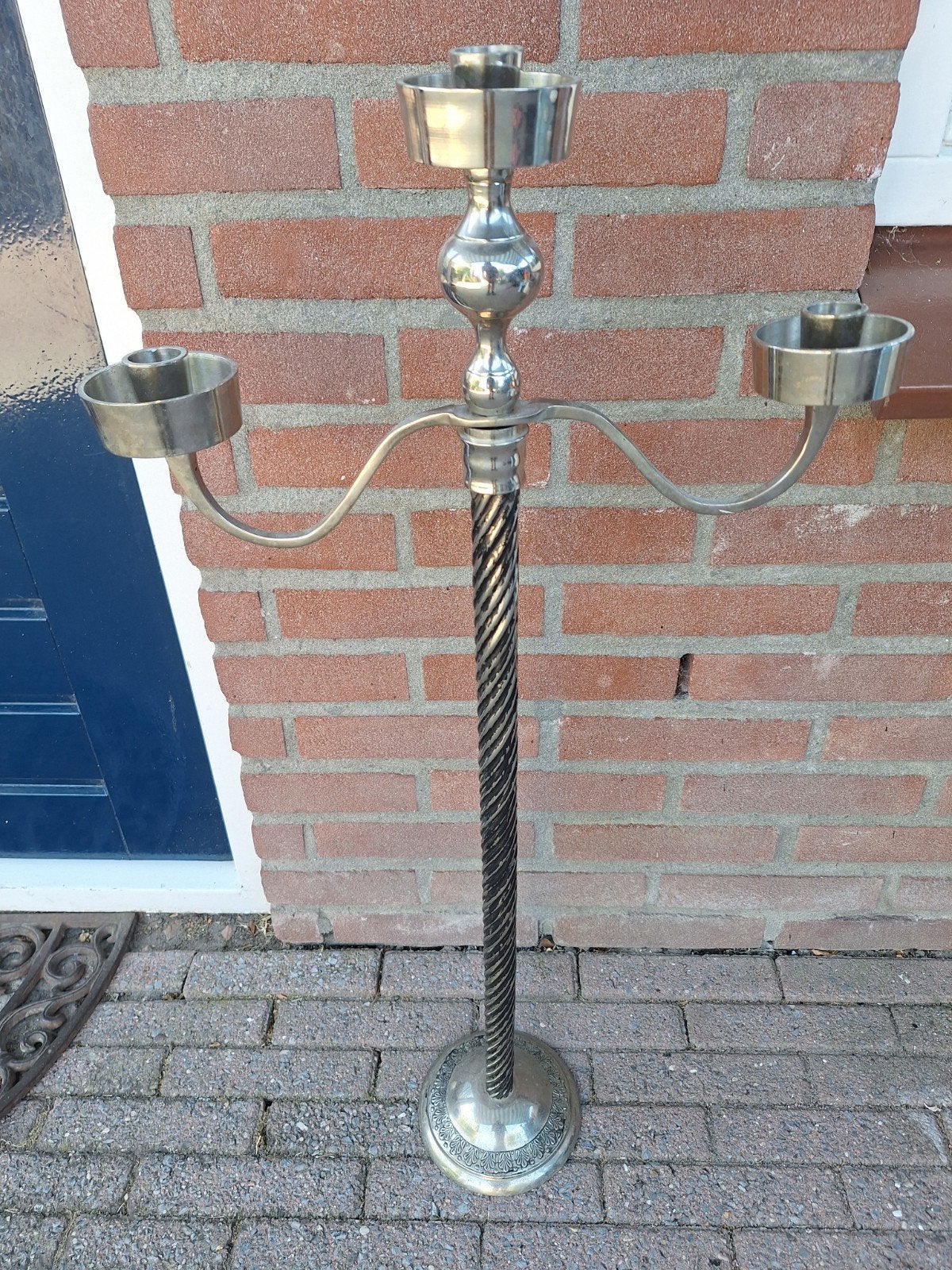 Antieke zilverkleurige kandelaar met 3 armen, Ophalen of Verzenden, Overige materialen