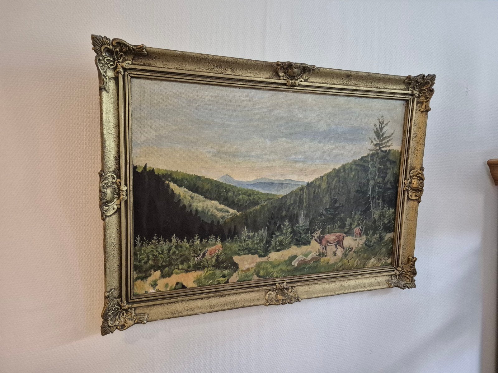 Vintage olieverfschilderij met herten in berglandschap,, Antiek en Kunst, Ophalen, Doek, Realistisch, Landschap