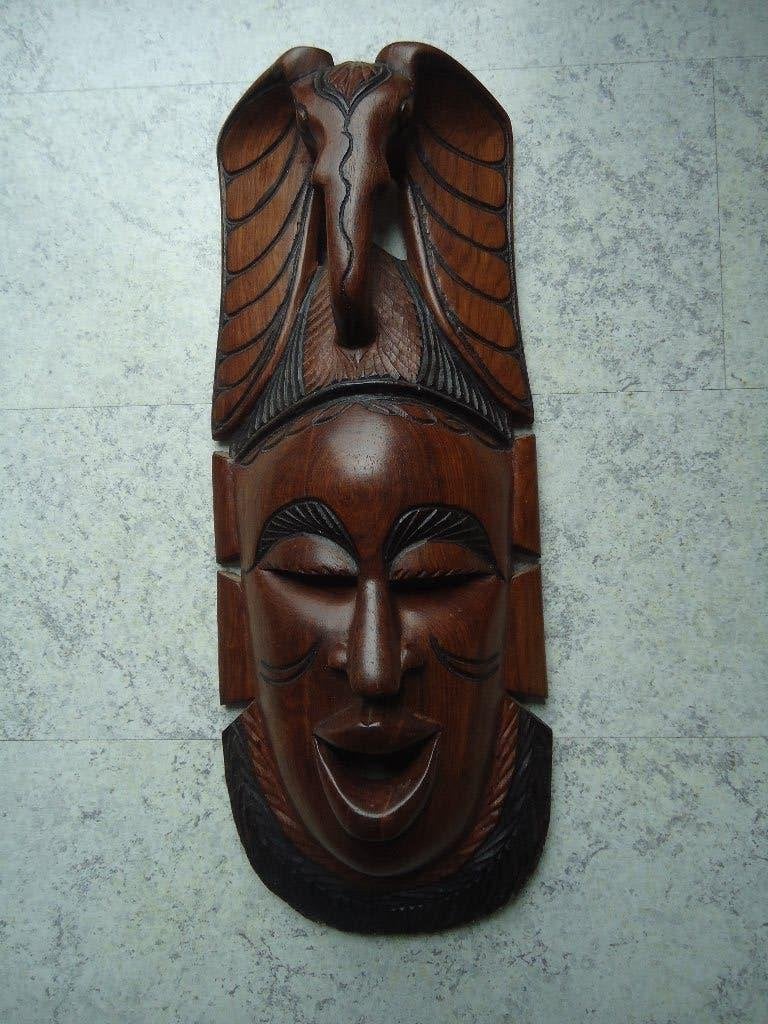 Fraai kunst houtsnijwerk hoofd waarin olifanthoofd zit, Antiek en Kunst, Hout, Bruin, Masker, Overige herkomsten