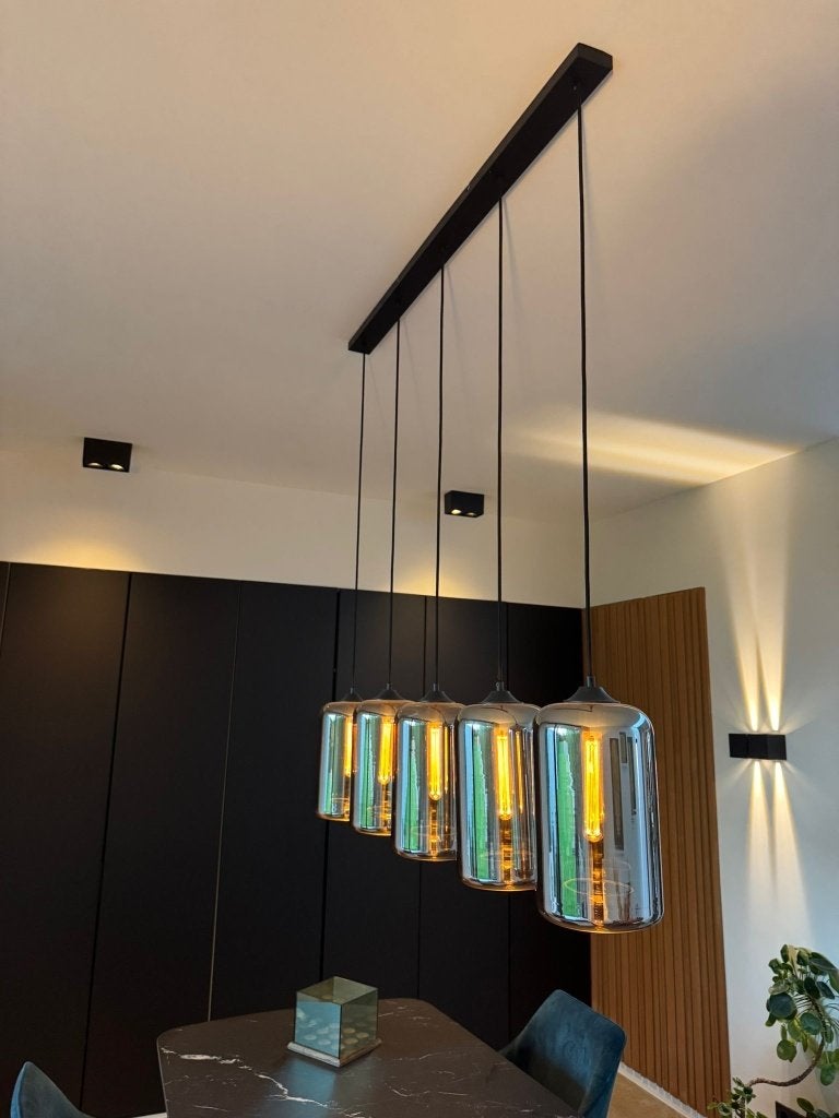 Hanglamp 5-Lichts Zwart met Rookglas | Moderne Designlamp, Ophalen, Zo goed als nieuw, Glas, Modern