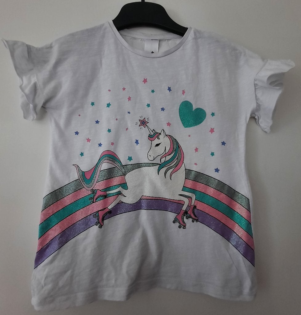 Wit shirt glitter eenhoorn zgan 128, Kinderen en Baby's, Kinderkleding | Maat 128, Zo goed als nieuw, Meisje, Shirt of Longsleeve