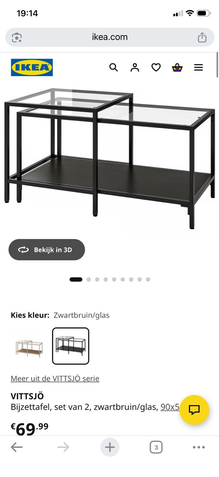 IKEA VITTSJÖ bijzettafel set, zwart/glas, Ophalen, Minder dan 45 cm, Gebruikt, Glas