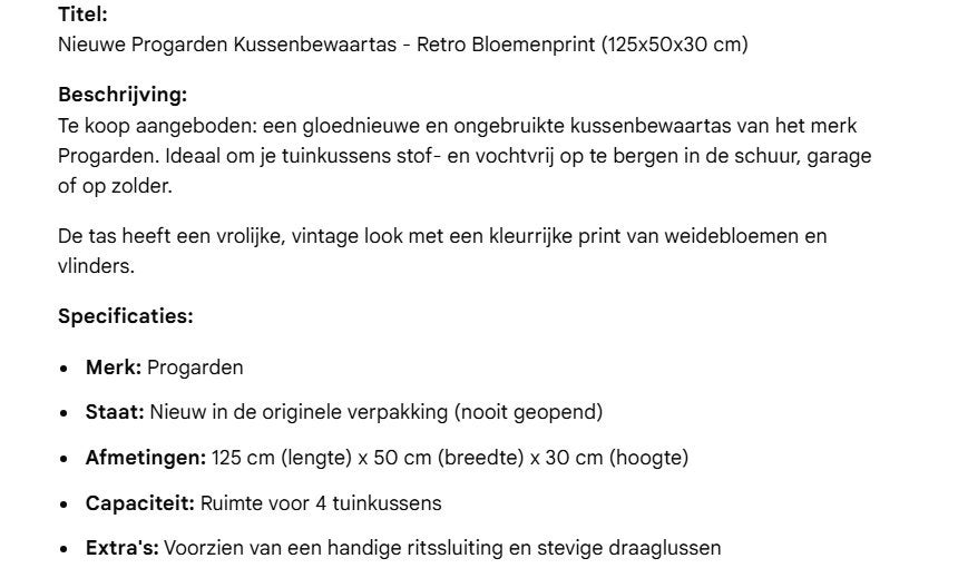 Nieuwe Progarden  4 tuin-Kussenbewaartas -125 x 50 x 30 cm, Ophalen of Verzenden, Nieuw
