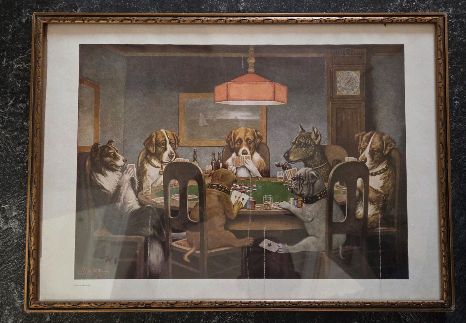 Dogs Playing Poker - C.M. Coolidge reproductie. ingelijst, Antiek en Kunst, Ophalen of Verzenden, Reproductie, Print/reproductie