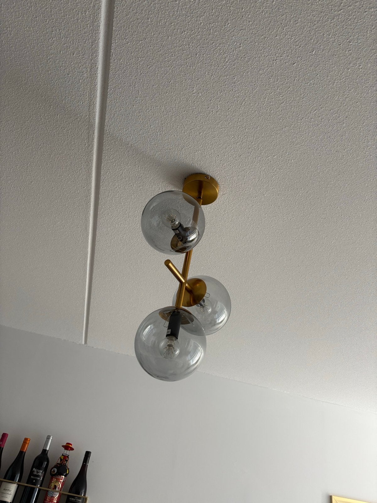 Set van gouden lampen met bollen: plafondlamp en vloerlamp, Ophalen, E27 (groot), Zo goed als nieuw, Metaal