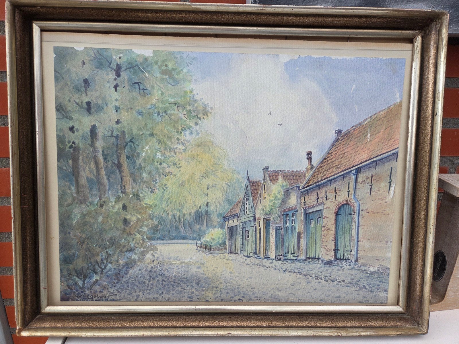 Aquarel van boerderijen aan een landweg, gesigneerd van A.K., Surrealisme, Ophalen of Verzenden, Landschap, Aquarel