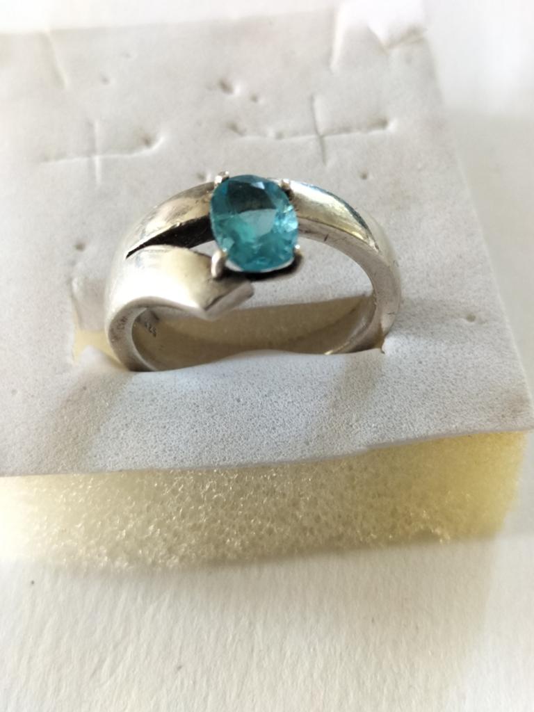 Zilveren ring met blauwe aquamarijn edelsteen, Sieraden, Tassen en Uiterlijk, Antieke sieraden, Ophalen of Verzenden, Zilver, Ring