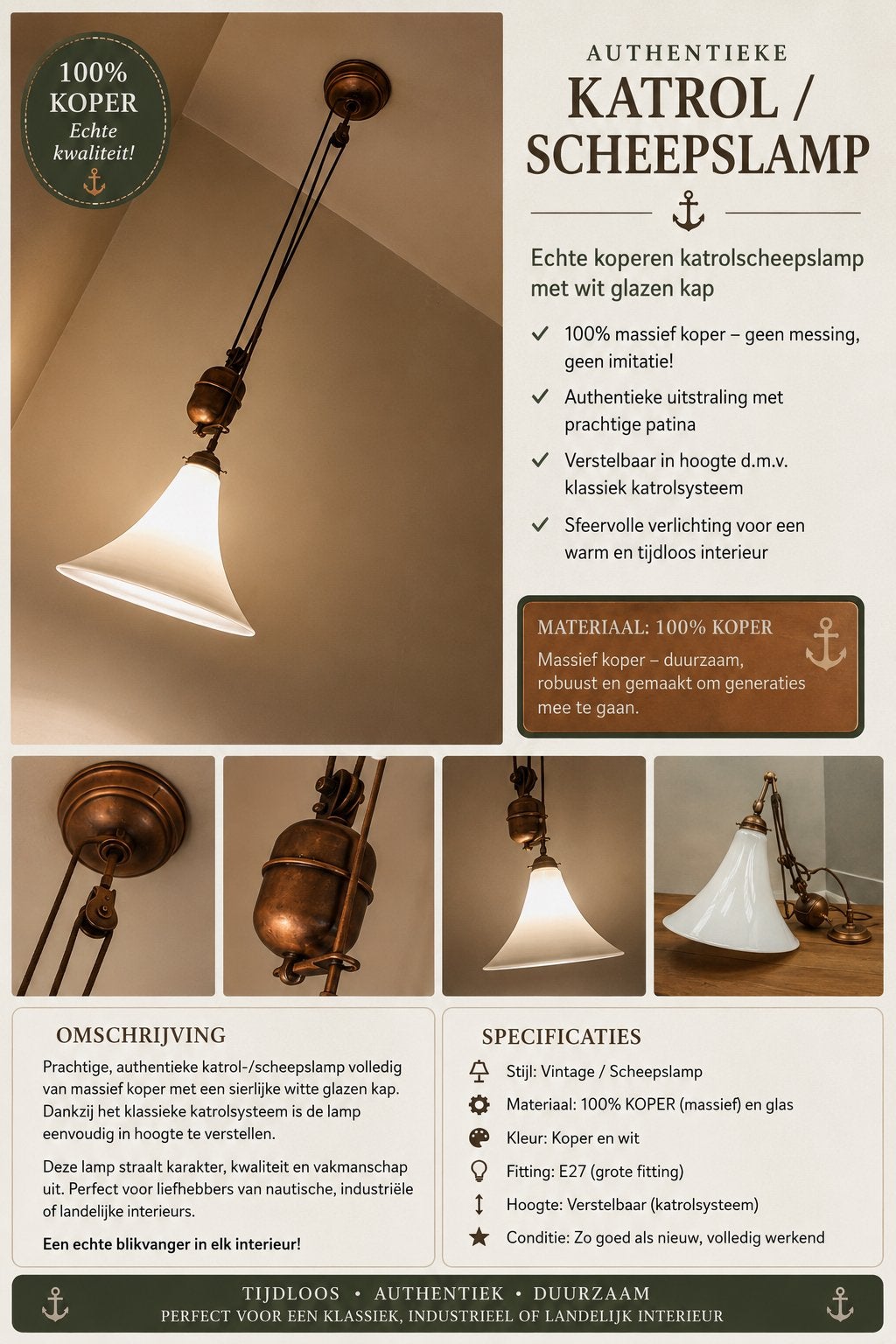 Authentieke katrol/scheepslamp hanglamp koper, Ophalen