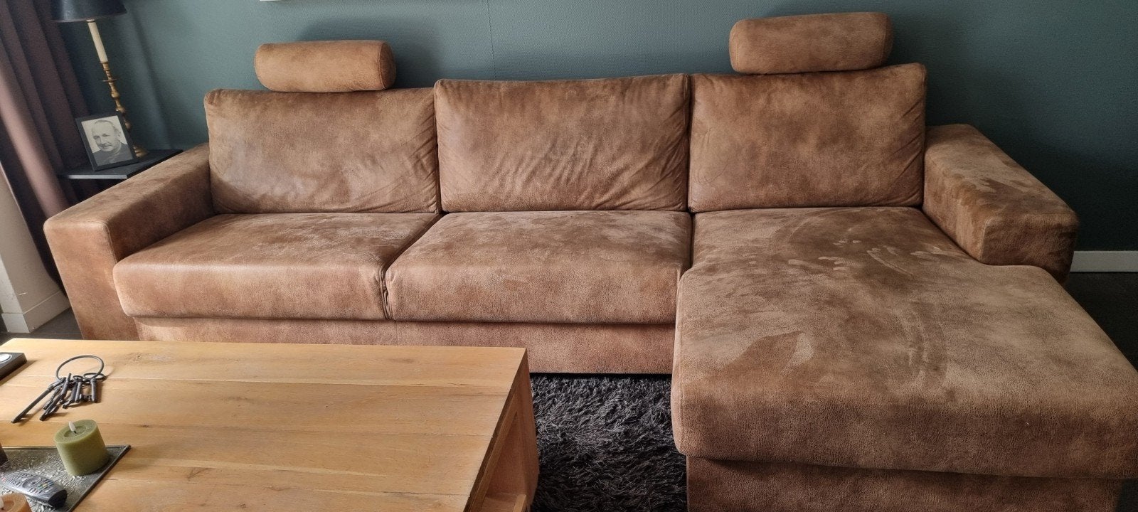 Grote hoekbank met chaise longue en poef, Ophalen of Verzenden, Gebruikt, Stof