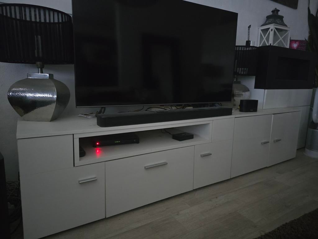 Witte TV meubel met bio-ethanol haard en handbord, 100 tot 150 cm, Ophalen of Verzenden, 200 cm of meer, Modern