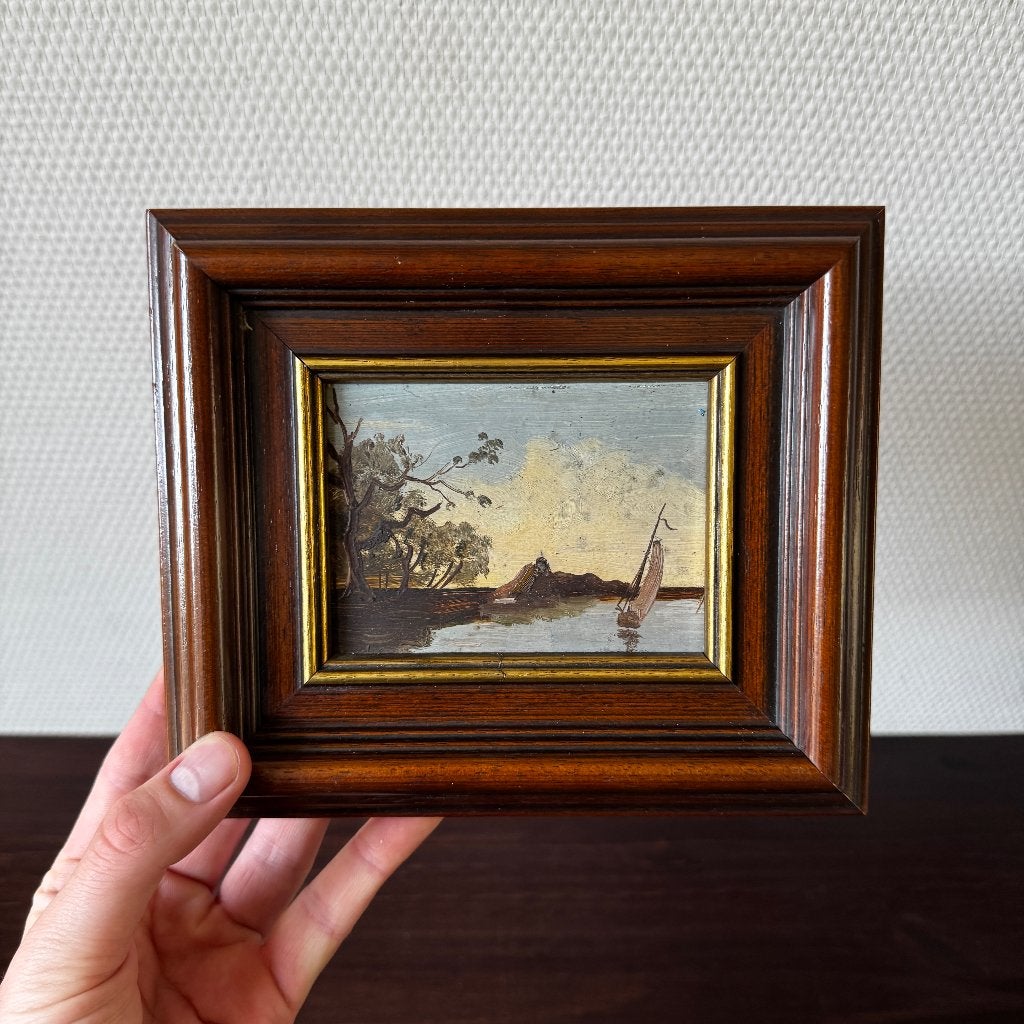Klein Vintage Schilderijtje met Houten Lijst, Zijlboot, Gebruikt, Schilderij, Hout, Klassiek