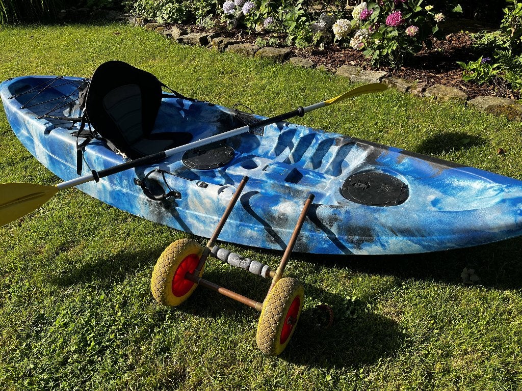 Kajak 310 x 75 cm inclusief peddel, zitje en trolley, Ophalen, Gebruikt, Eén persoon, Met peddels