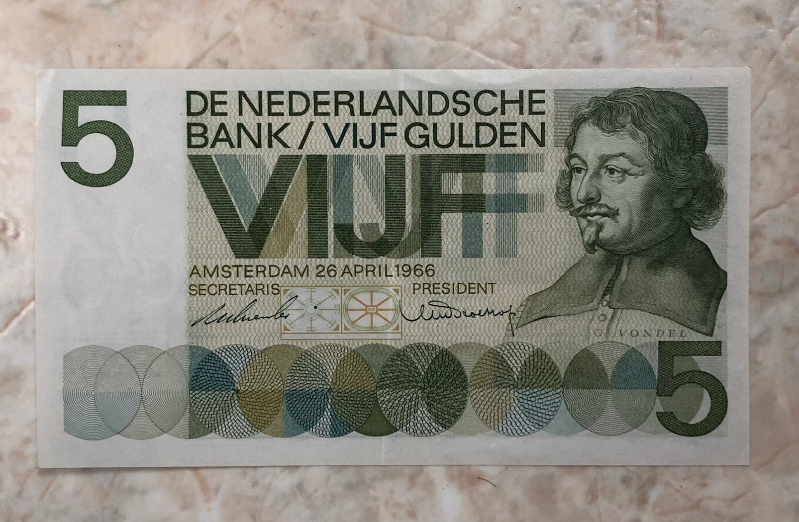 5 gulden 1966, Vondel., Postzegels en Munten, Bankbiljetten | Nederland, Verzenden, 5 gulden, Los biljet