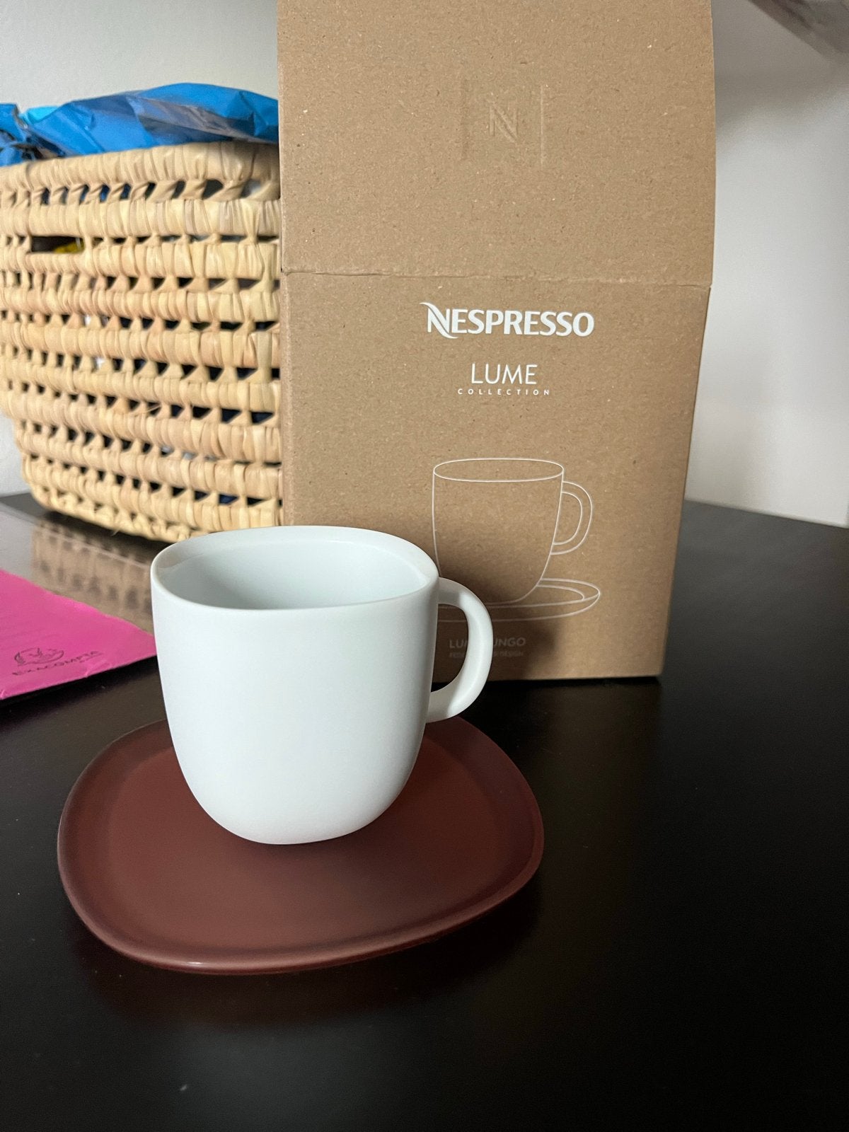 Nespresso Lume Lungo Kopje met schotel - Wit/Bruin, Ophalen, Overige typen, Nieuw, Steen/keramiek