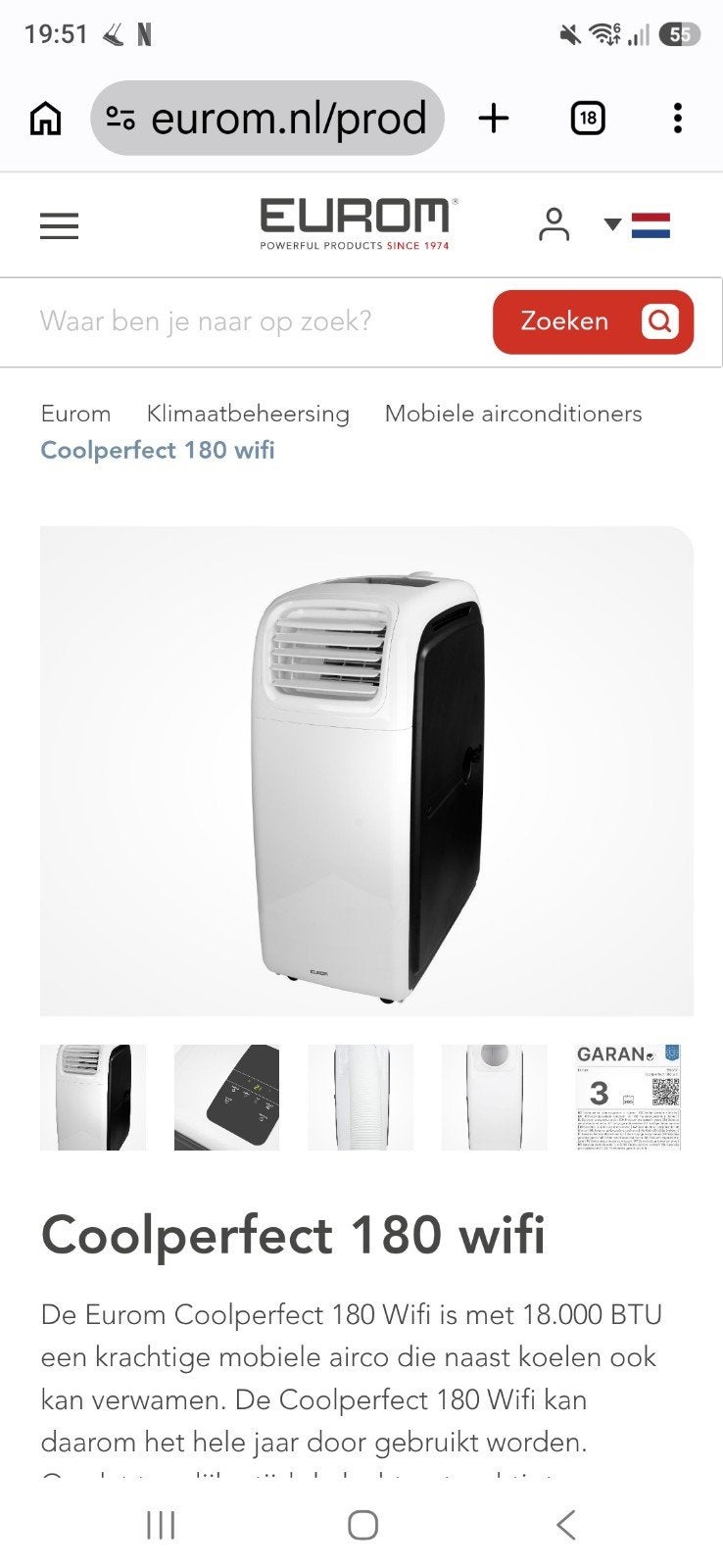 Eurom Coolperfect 180, Witgoed en Apparatuur, Airco's, Ophalen, Gebruikt, Verwarmen, 3 snelheden of meer