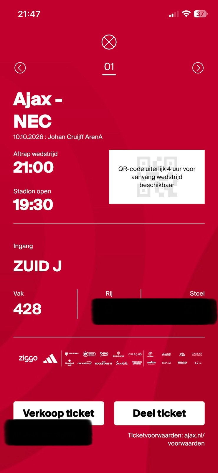 Ajax NEC 10/10 21.00 uur, Tickets en Kaartjes, Eén persoon, Maart