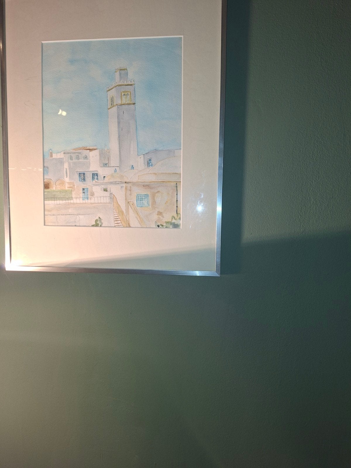 Aquarel van een minaret in een Marokkaanse stad, Ophalen of Verzenden