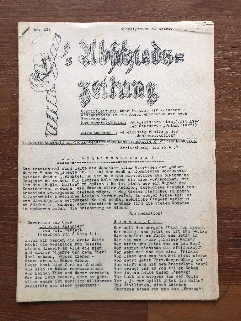 Derde Rijk, 25 April 1938 Soldatenkrant. Abschieds-Zeitung, Verzenden, Overige onderwerpen, Tweede Wereldoorlog, Gelezen
