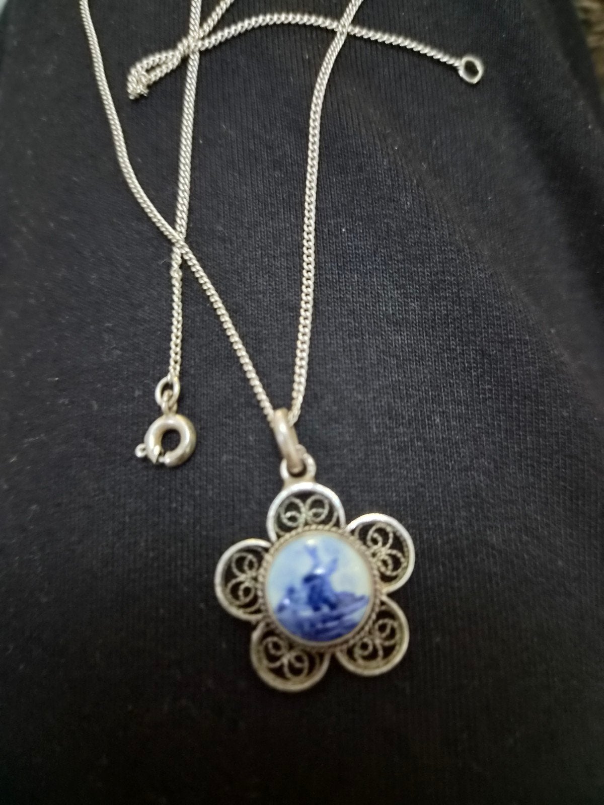Zilveren ketting met Delfts blauw bloem hanger, Ophalen of Verzenden
