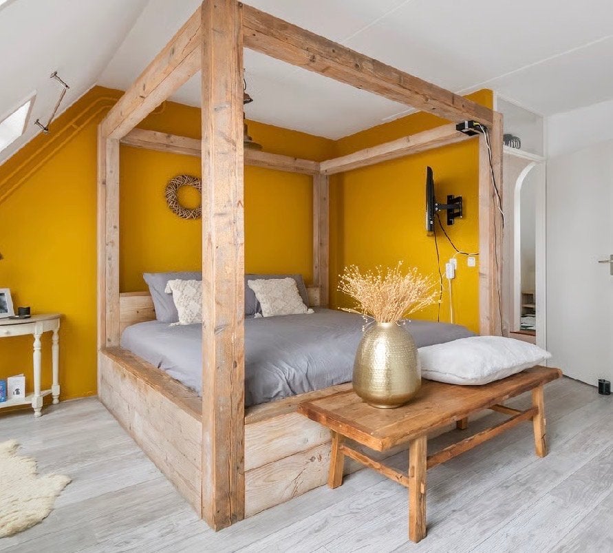 Robuust houten hemelbed - Steigerhout, Ophalen, Gebruikt, Bruin, Tweepersoons