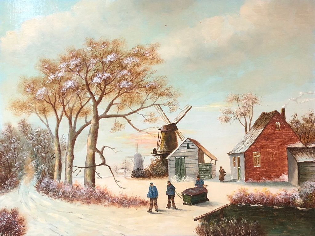 J. Croon Schilderij 'Mensen in winter met transportslee en m, Ophalen of Verzenden