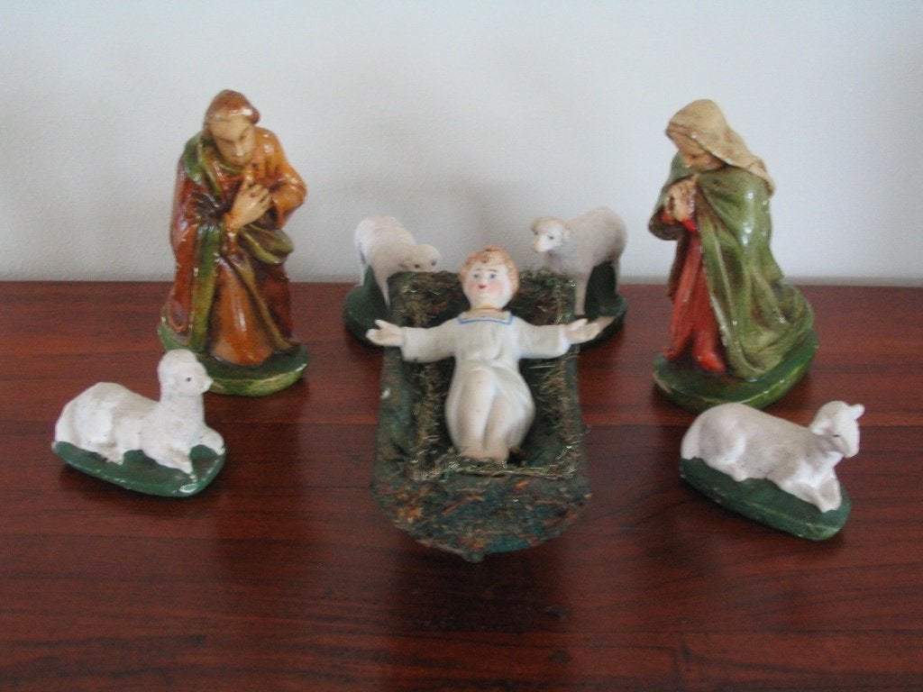 Antiek porseleinen kerstgroep in rieten mand, Ophalen of Verzenden, Gebruikt