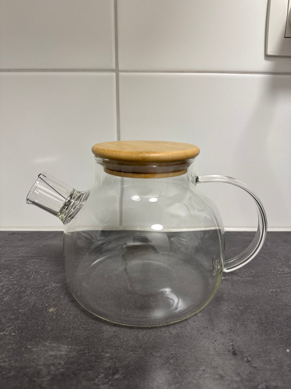 Glazen theepot met houten deksel, Theepot/fluitketel, Ophalen, Zo goed als nieuw, Glas