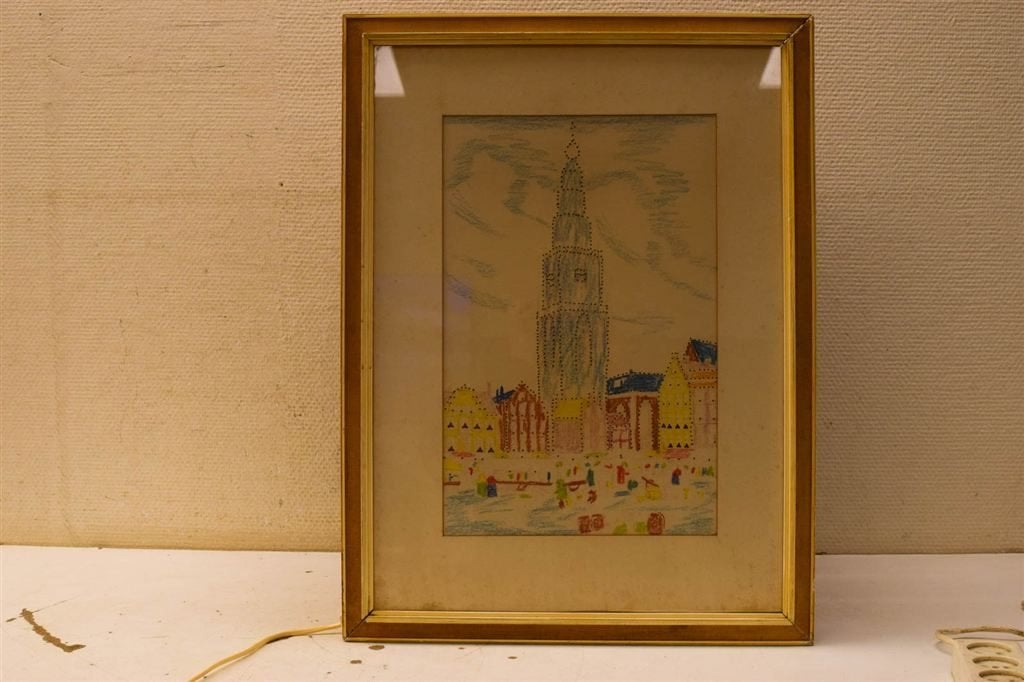 tekening van de martinitoren met lampjes ingelijst 50669, Ophalen of Verzenden, Voor 1920, Ongelopen, Utrecht