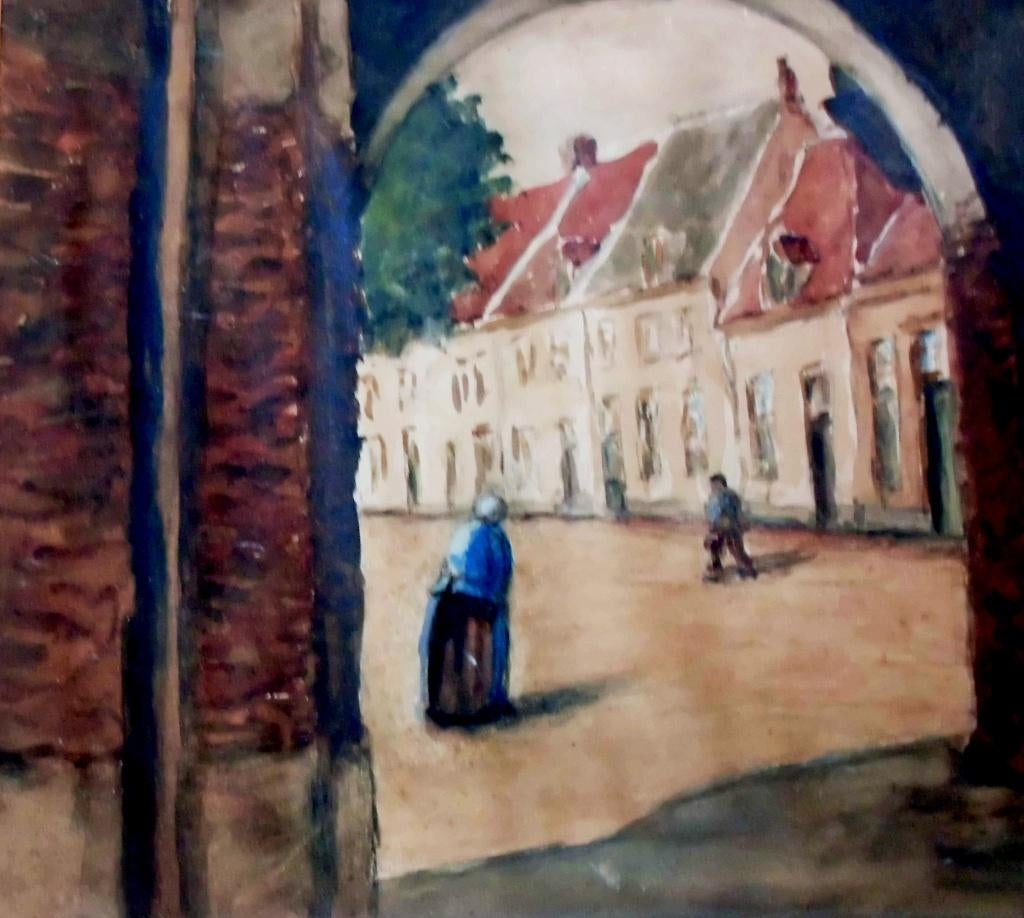 Aquarel, Stads poort met mensen ., Antiek en Kunst, Kunst | Schilderijen | Klassiek, Ophalen of Verzenden