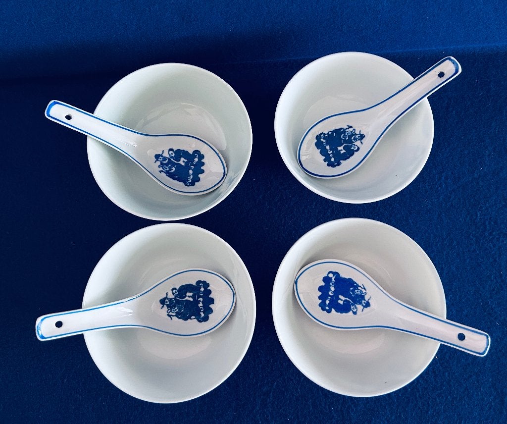 4x Rijstkom + 4x Lepel Fu Lu Shu Soepkom China vintage, Ophalen