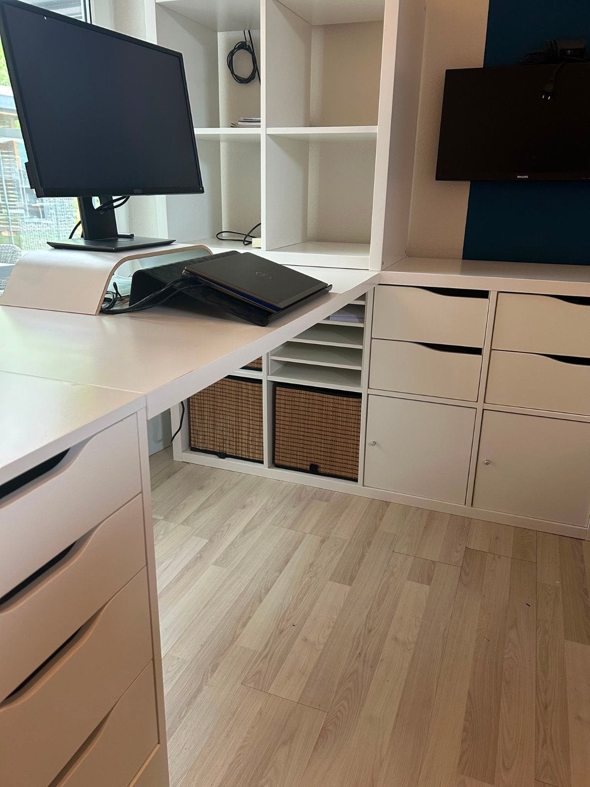 Samengesteld bureau met IKEA Kallax kasten en ladeblok alex, Ophalen, Gebruikt, IKEA, Wit