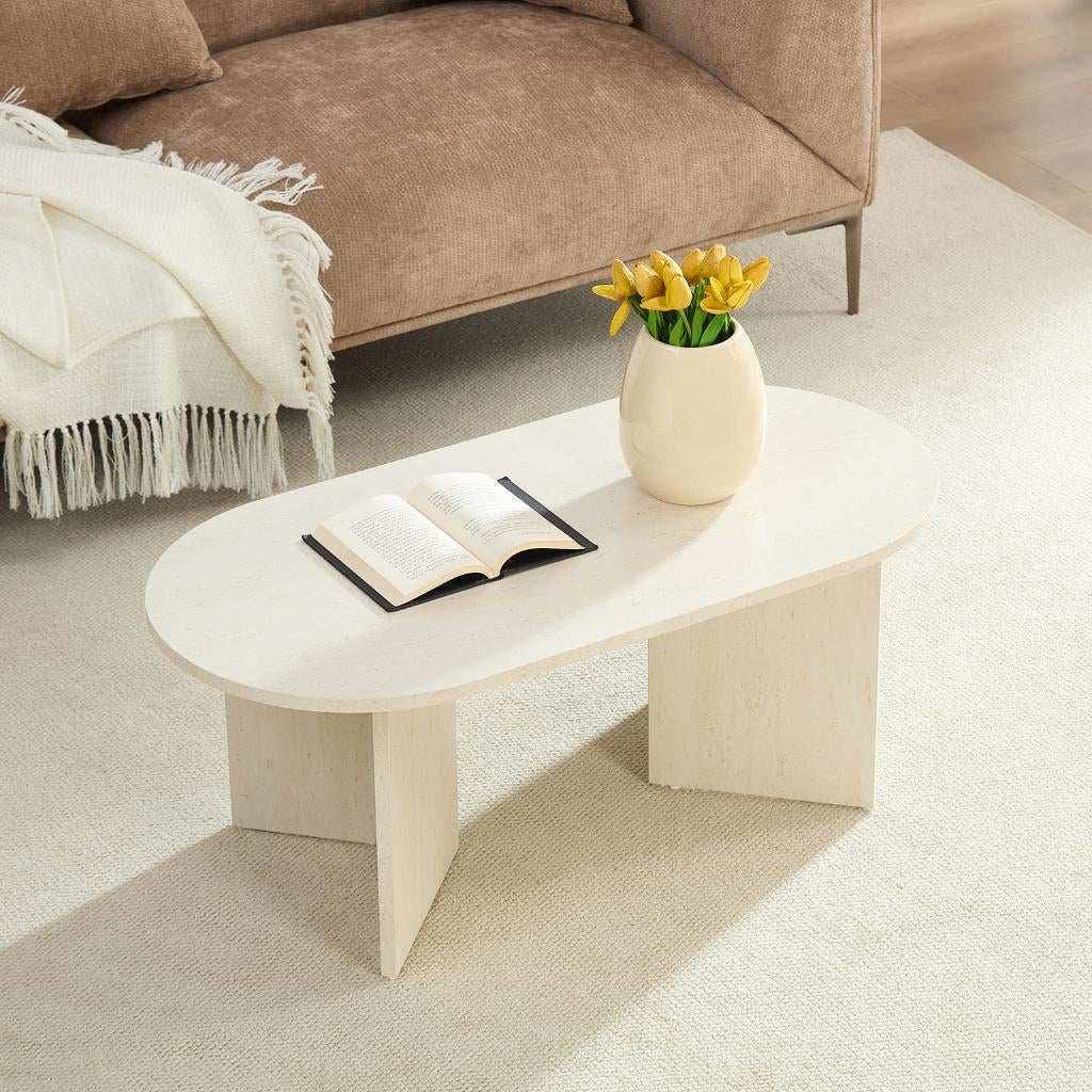 Home Heaven Salontafel ovaal wit travertin 100x50cm, 100 tot 150 cm, Zo goed als nieuw, Overige houtsoorten, Modern