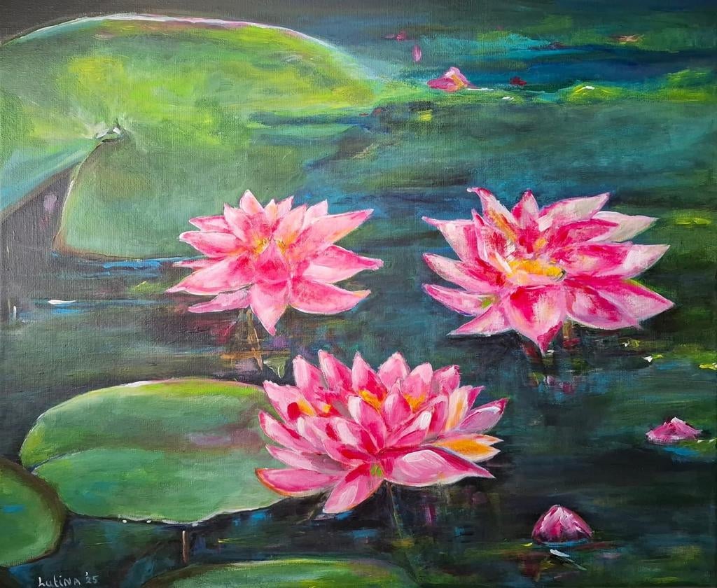 Waterlelie, 40x50cm  acrylverf op katoen, Ophalen of Verzenden