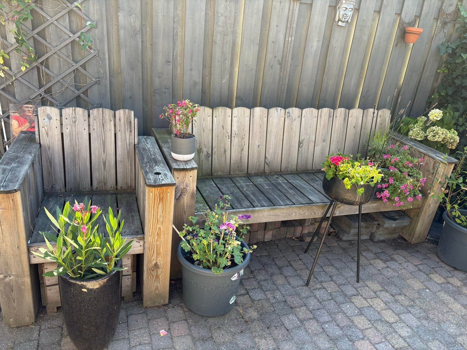Houten tuinset met bank, stoel en krukjes, Tuin en Terras, Ophalen, 5 zitplaatsen, Gebruikt, Hout