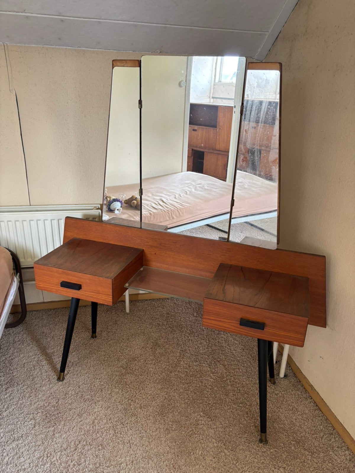 Vintage kaptafel met spiegel en lades, Huis en Inrichting, Tafels | Kaptafels, Gebruikt, 100 tot 150 cm, Hout, 50 tot 100 cm