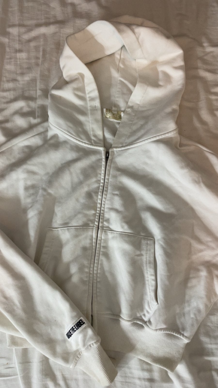 Witte hoodie met rits van unique the label, Ophalen of Verzenden, Zo goed als nieuw, Maat 38/40 (M), Wit