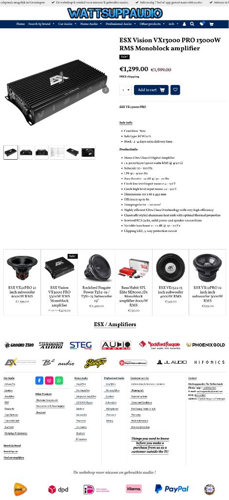 ESX Vision VX13000 PRO 13000W RMS Monoblok versterker, Audio-design, Nieuw, Am Breilingsweg 3, 76709 Kronau, Duitsland, Ophalen of Verzenden